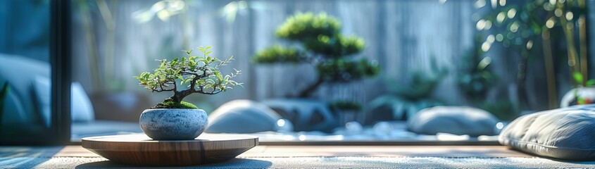 Tranquil Japanese Garden Design, Miniature Bonsai Trees, Zen Aesthetic with Cultural Elements