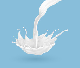 Pouring milk splash isolated on blue background. Natural dairy product, yogurt or cream splash with flying drops. Realistic Vector illustration