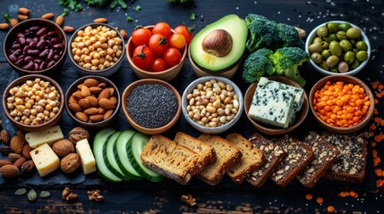   A variety of different foods are organized in bowls on a wooden plate, featuring bread, beans, broccoli, cucumbers, tomatoes, and avocados
