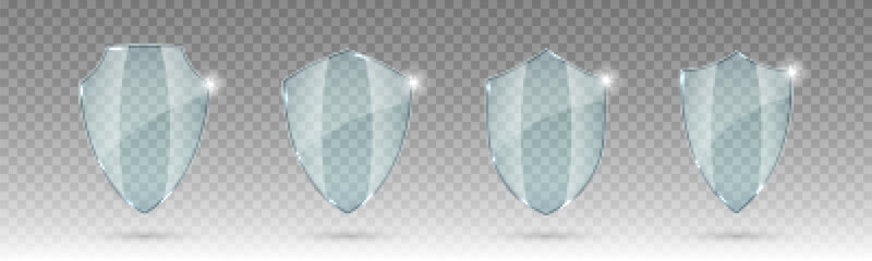 Set of glass shields. Protected guard shield concept. Safety badge icon. Privacy banner shield. Security safeguard label. Realistic vector illustration