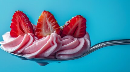 Strawberry meringue in a spoon on a blue background