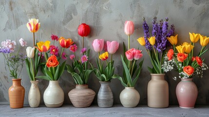   A collection of vases containing flowers is positioned on a table near the wall, with a concrete barrier positioned against it