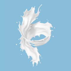 Twisted milk splash isolated on blue background. Natural dairy product, yogurt or cream splash with flying drops. Realistic Vector illustration