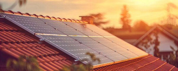 A detail of the solar elektric pannels on the roof at house, Modern and low energy concept of the...