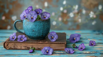 Obraz na płótnie Canvas A blue cup brimming with purple pansies atop a book on a blue wooden table