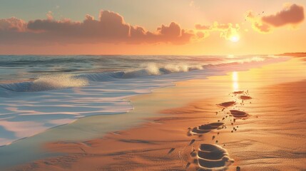 Tranquil sunset beach, pastel sky, realistic style, calm waves, footprints in sand, detailed view