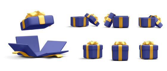 Set of 3d realistic gift boxes with gold ribbon isolated on white background. Surprise boxes. Vector illustration