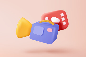 3d video camera icon isolated  with lens and button on pastel background. Realistic film movie icon, play button for streaming multimedia concept. 3d cinema record icon vector render illustration