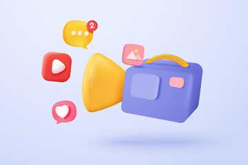 3d video camera icon isolated  with lens and button on pastel background. Realistic film movie icon, play button for streaming multimedia concept. 3d cinema record icon vector render illustration