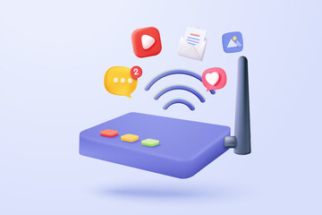 3d wireless router connection and sharing network on internet. Hotspot access point for digital and online coverage. Broadcasting area with WiFi. 3d wireless signal icon rendering vector illustration