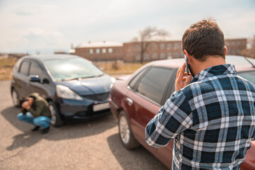 Car accident, the driver calls the police. stock photo