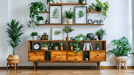 Urban Jungle Home Office with Wooden Furniture and a Collection of Potted Green Plants on Shelves