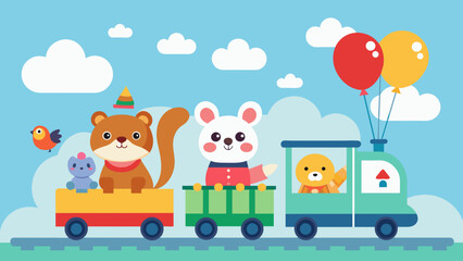 Whimsical Illustration Cute Animals Balloon Riding a Train  A Vector Delight!