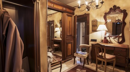 view of Image of a retro-style dressing room with wooden furniture, stucco and vintage accessories, creating an atmosphere of coziness and old luxury --no text, titles, hand, shoes --ar 16:9 --quality