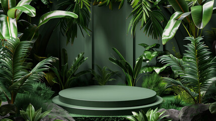 Elegant dark green podium set amidst a lush tropical forest, ideal for showcasing products in a vibrant and natural setting. Perfect for advertising, nature themes, and product presentations.