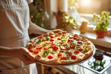 Fresh homemade pizza held in bright kitchen, cooking concept