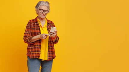 Full-length portrait of a happy elderly woman using a smartphone against a vivid yellow background, showcasing modern technology and communication.