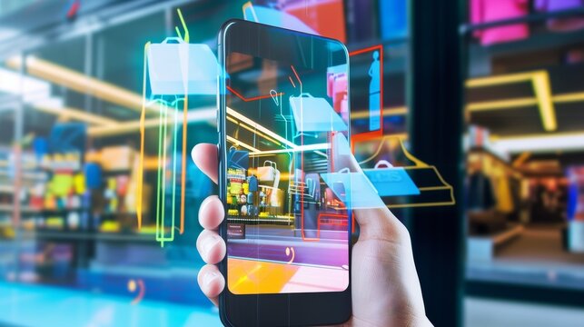 A picture of a smartphone that uses augmented reality to create virtual hologram stores where customers can select and purchase products by interacting with the holograms through their device. --no