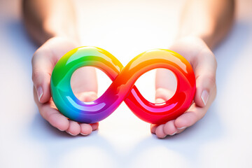 Colorful autism infinity rainbow symbol sign in outstretched woman hands. World autism awareness day, autism rights movement, neurodiversity, autistic acceptance movement