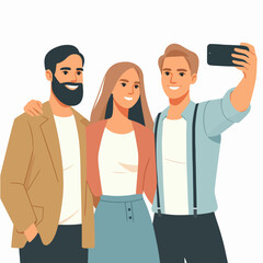 cartoon selfie photo with friends using smartphone in flat design style