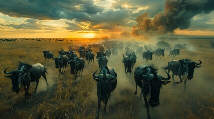 Serengeti wildebeest migration  spectacular survival journey in the mesmerizing dusk light - obrazy, fototapety, plakaty