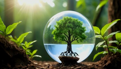 Earth crystal glass globe ball and tree in robot hand saving the environment, save a clean planet, ecology concept. technology science of environment for development of sustainability generative ai