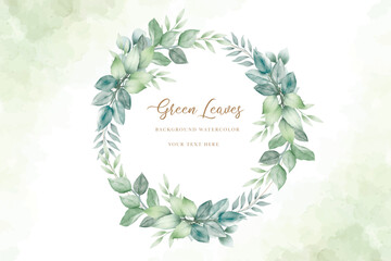 Watercolor green leaves wreath with gold circle