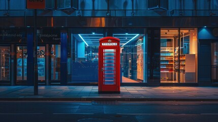 Red telephone box stands in front of a store, London street, detailed architecture, product display...