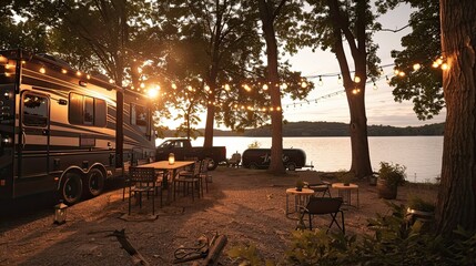 Obraz premium Travel trailer parked by the lake with outdoor seating and garlands. The setting sun colors its sleek exterior with warm hues, creating an atmosphere for outdoor relaxation.