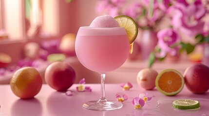   A pink cocktail garnished with a lime and a slice of lemon on a table with other fruit and flowers