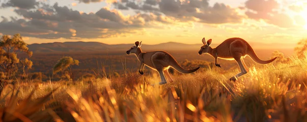 Foto op Plexiglas A several kangaroo hopping in the wild land with sunrise in the background , animal theme. © *Lara*