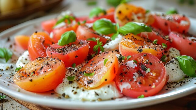   Close-up image of plate with tomatoes and mozzarella