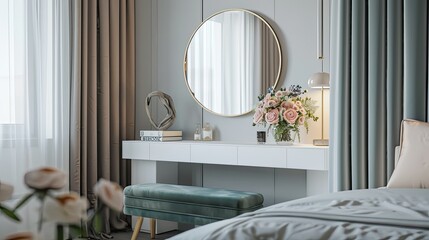 modern small bedroom, round mirror above white dressing table with flowers and books, pastel green velvet bench against wall, gray curtains, cozy interior design in neutral colors