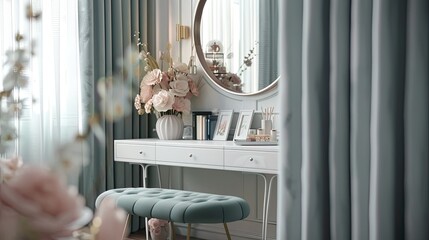 modern small bedroom, round mirror above white dressing table with flowers and books, pastel green...