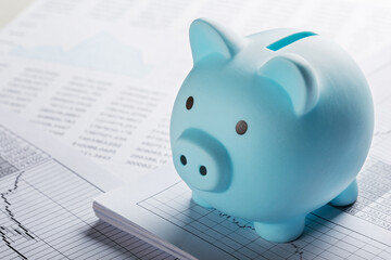 Moneybox for money on the background of documents and financial charts. Investment and capital accumulation concept