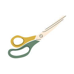 Green yellow tailor scissors for cutting, cutting, grooming in flat style. Vector stock cartoon illustration of closed scissors on isolated white background. Metal blades