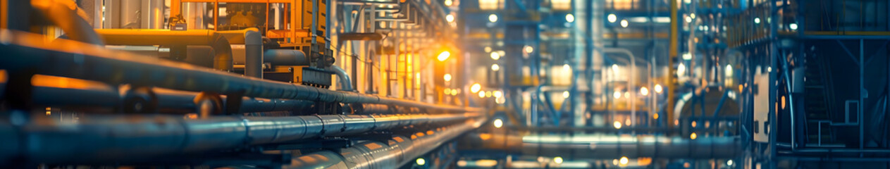 Empty industrial building, machinery and piping, old rusty equipment