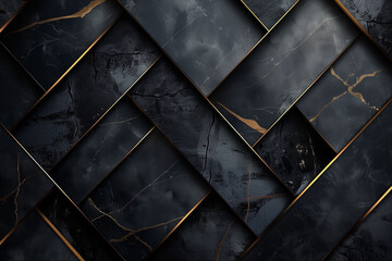 A black and luxurious background of diagonal rectangles with gold veins in a grunge style