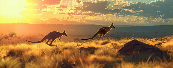 A several kangaroo hopping in the wild land with sunrise in the background , animal theme. - obrazy, fototapety, plakaty