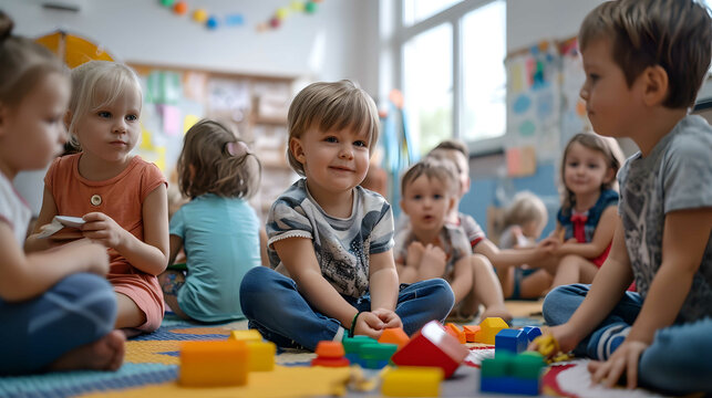 Beautiful teacher and group of toddlers sitting on the floor drawing using paper and pencil around lots of toys at kindergarten. Neural network generated image. Not based on any actual scene or