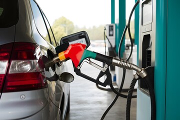 Refueling scene gasoline nozzle fills car tank at service station - obrazy, fototapety, plakaty