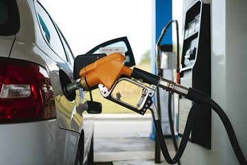 Refueling scene gasoline nozzle fills car tank at service station - obrazy, fototapety, plakaty