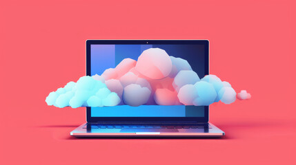 illustration of laptop with cloud on screen - red and blue colors - computing concept
