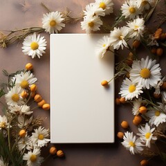 Message with chamomile or chrysanthemum flowers. White blank A4 paper sheet mockup and daisy flowers with empty space for text message. Minimalist light and shadow template vertically long background.