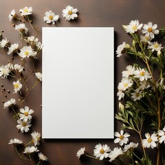 Message with chamomile or chrysanthemum flowers. White blank A4 paper sheet mockup and daisy flowers with empty space for text message. Minimalist light and shadow template vertically long background. - obrazy, fototapety, plakaty