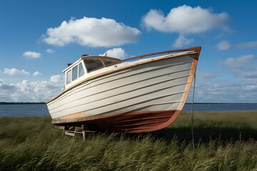 Fototapeta na wymiar Stranded boat awkwardly grounded on grass unexpected scene unfolds