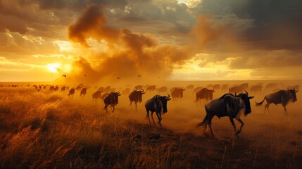 Serengeti wildebeest migration  natural spectacle of mass movement at dusk in high detail - obrazy, fototapety, plakaty