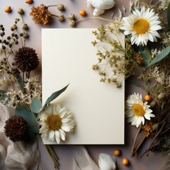 Message with chamomile or chrysanthemum flowers. White blank A4 paper sheet mockup and daisy flowers with empty space for text message. Minimalist light and shadow template vertically long background.