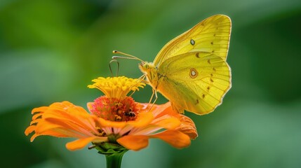 Obraz premium Yellow butterfly on an orange flower, nature macro photography.