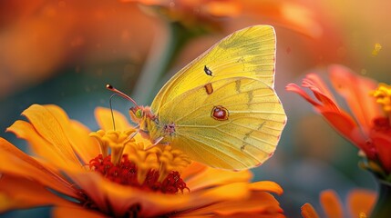Fototapeta na wymiar Yellow butterfly on an orange flower, nature macro photography.